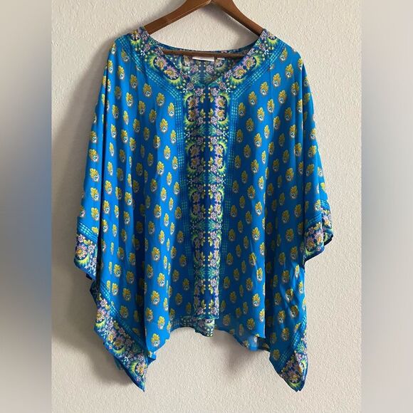 Women Belle By Kim Gravel Blue Bright V-Neck Poncho Flowy Blouse Extra Large XL - Picture 2 of 5